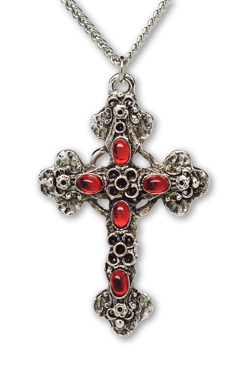 Real Metal Gothic Filigree Cross with Red Stones Medieval Renaissance Pewter Pendant Necklace - Image 1